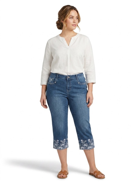 Apollo Denim - Apollo Jeans Cropped Embrodered Embellished Size 10 Petit Medium wash Stretch
